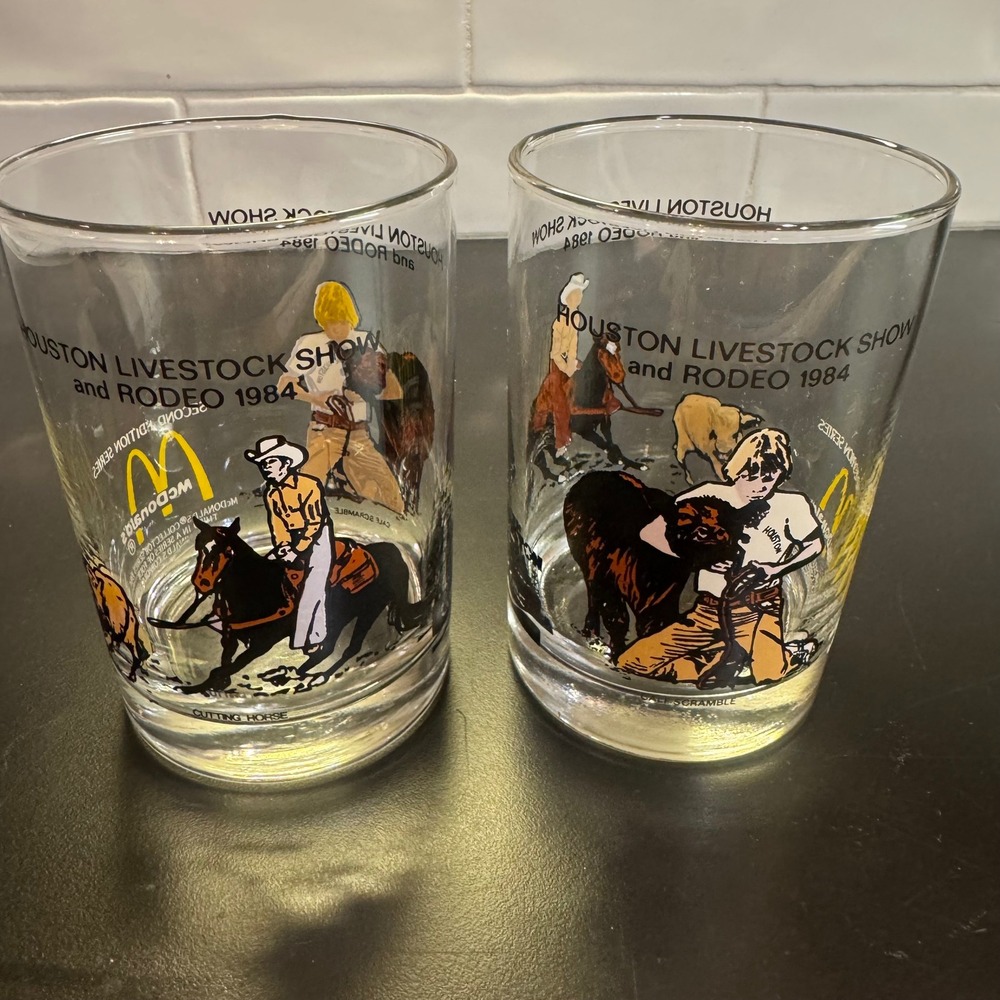 McDonald's Glasses Houston Rodeo 1984 Set of 2 Clear Vintage Western Americana